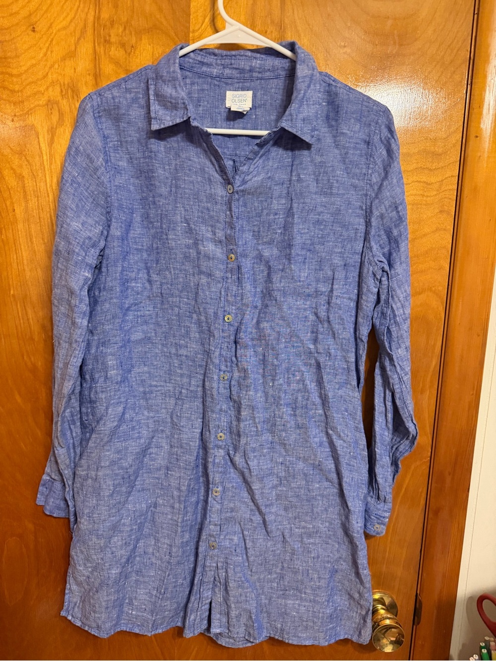 Sigrid Olsen Blue Linen Button-Down Shirt